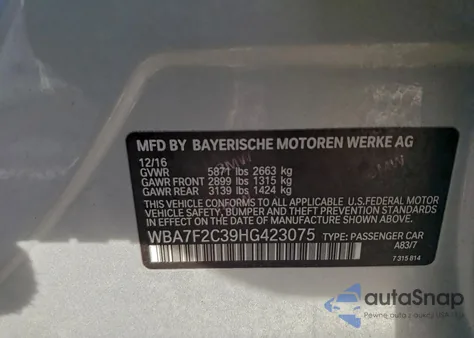 2017 BMW 750 Xi z USA, uszkodzony, nr VIN WBA7F2C39HG423075